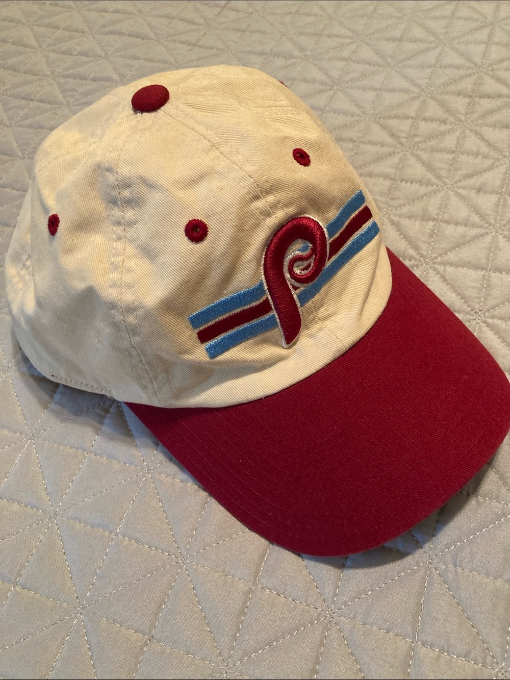 American Needle Phillies Cream Cap with Burgundy Bill and Blue Stripe